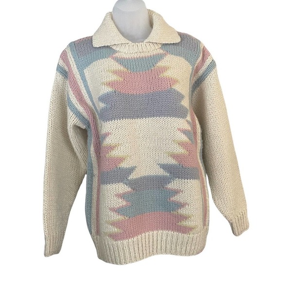 Vintage Collared Knit Sweater Medium Southwest Aztec Pastel‎ Y2K Grandmacore - Picture 1 of 8